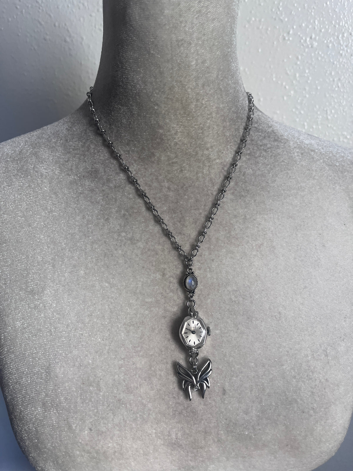 Moon stone butterfly watch necklace