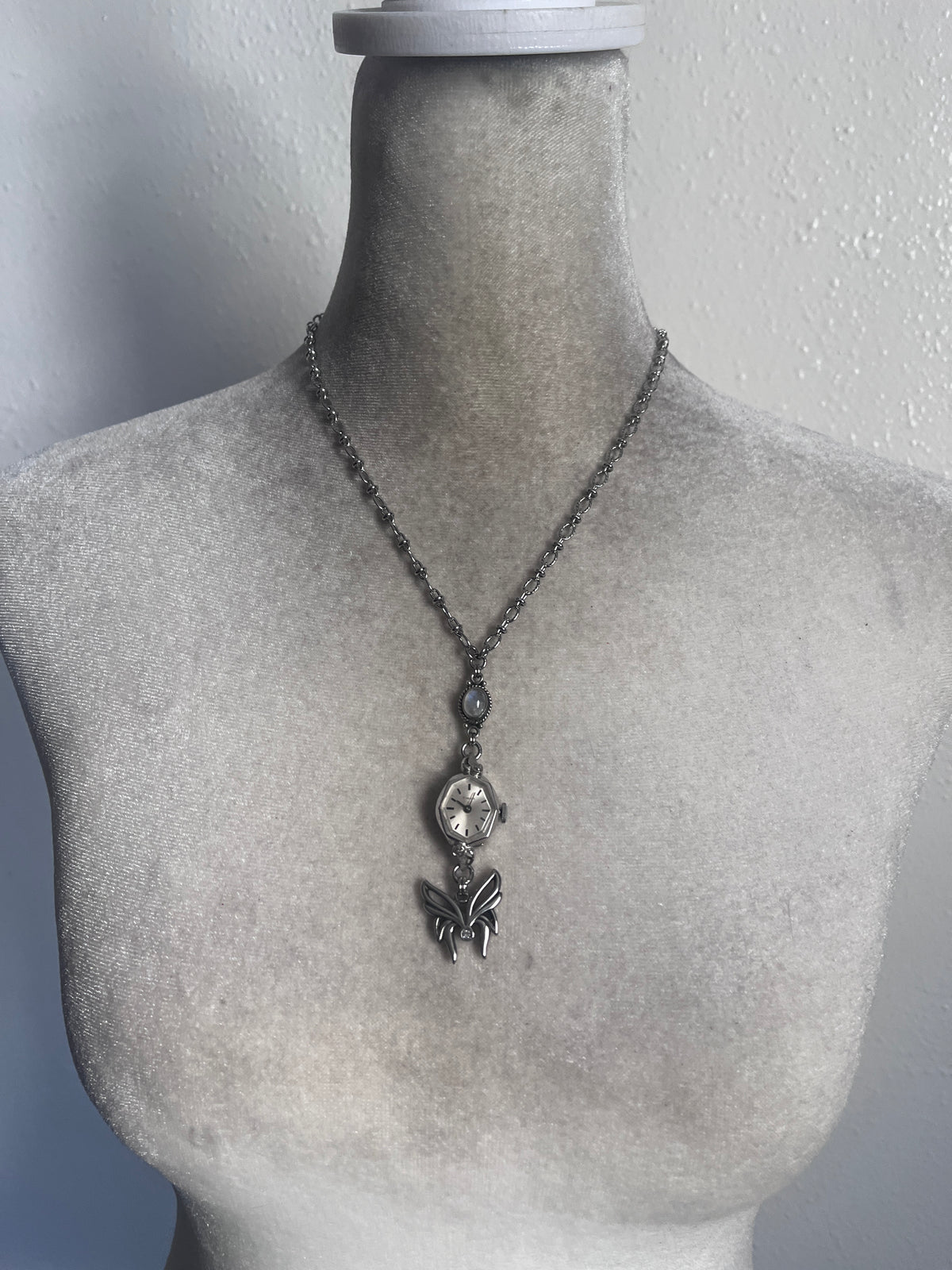 Moon stone butterfly watch necklace