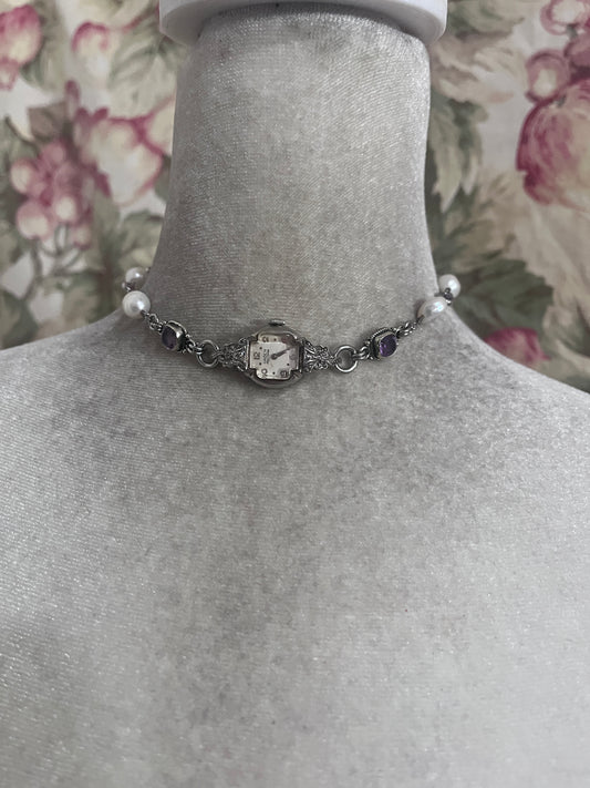 Vintage watch face choker, amethyst/fresh water pearls