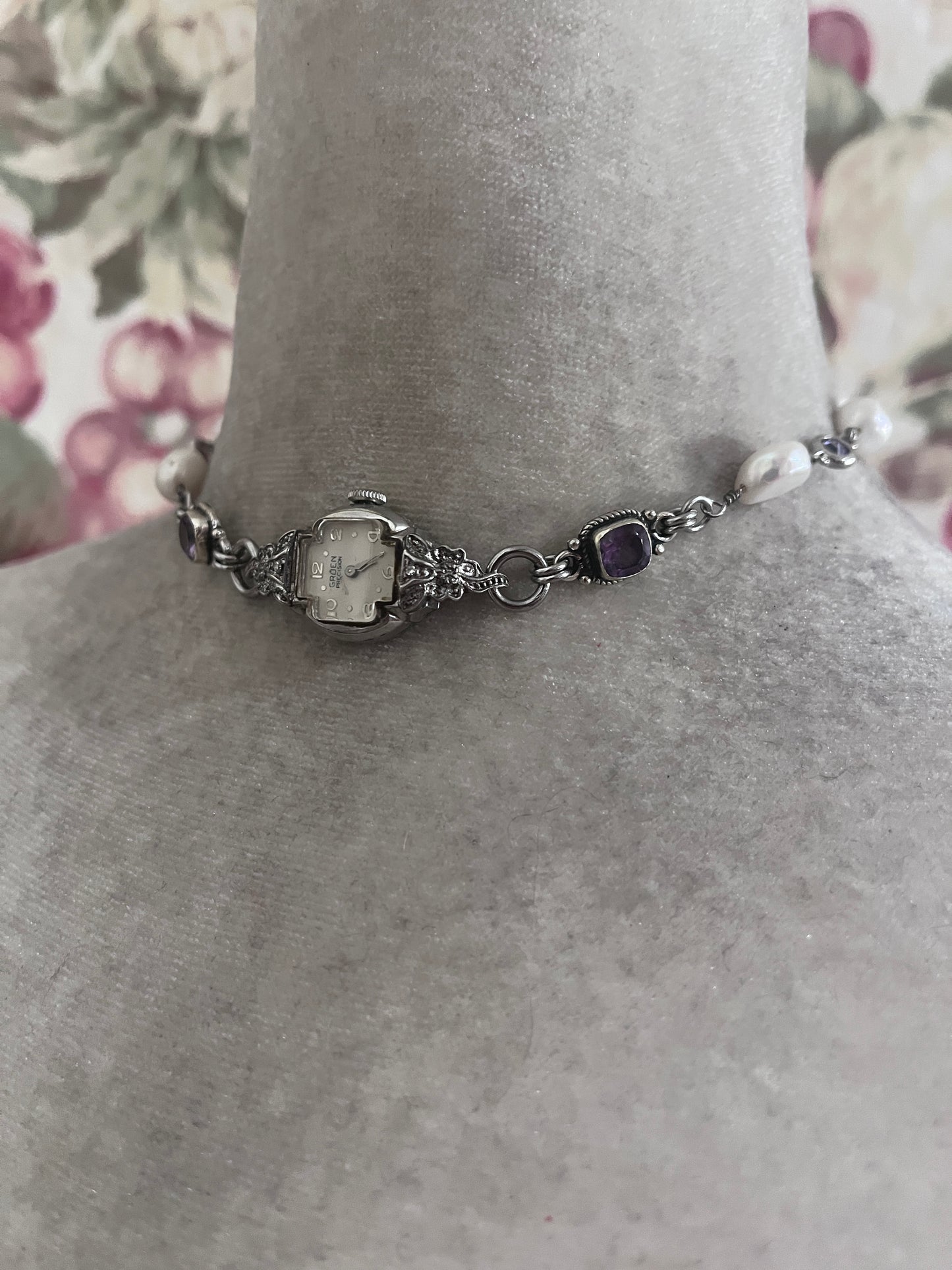 Vintage watch face choker, amethyst/fresh water pearls
