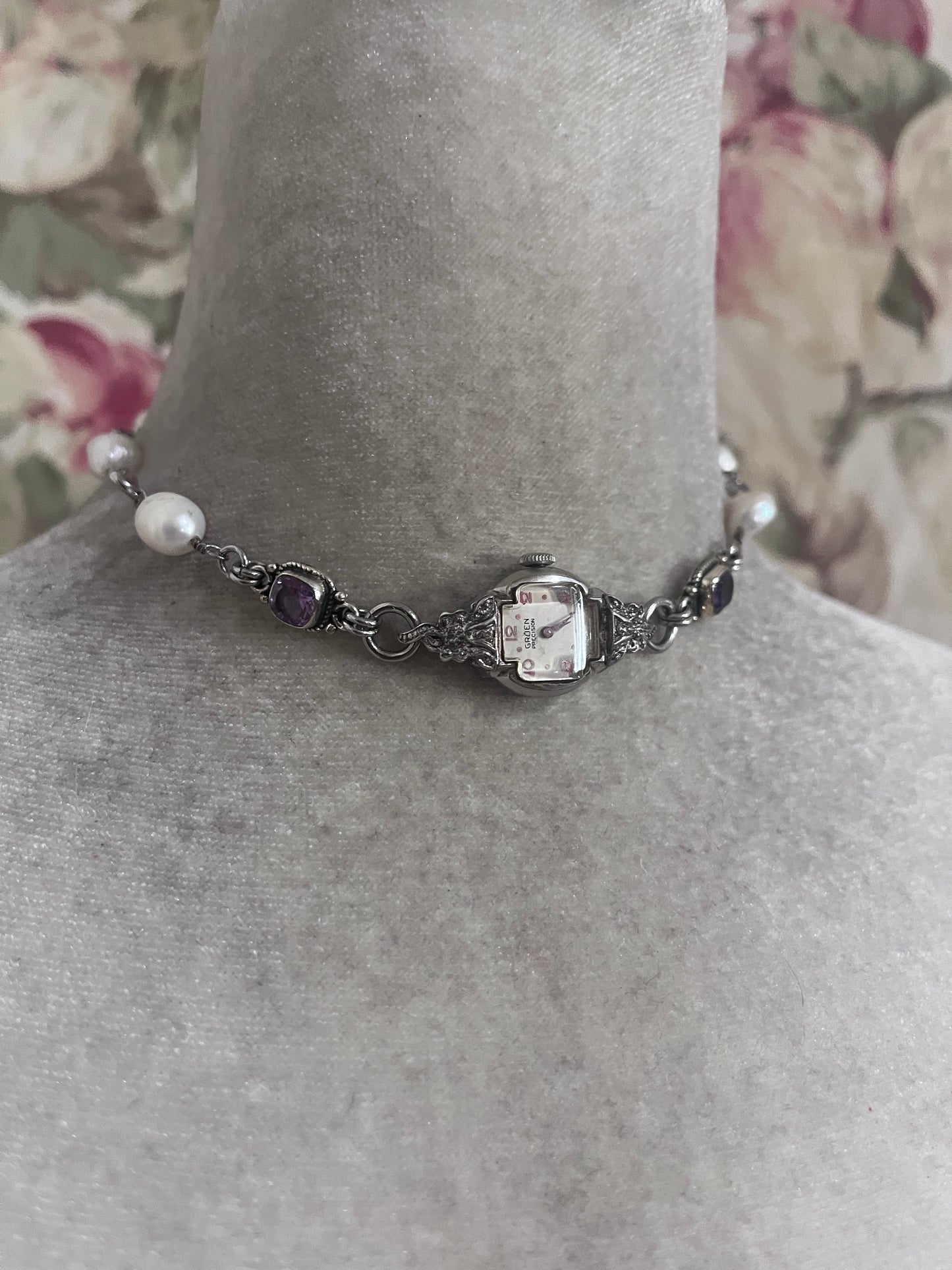 Vintage watch face choker, amethyst/fresh water pearls