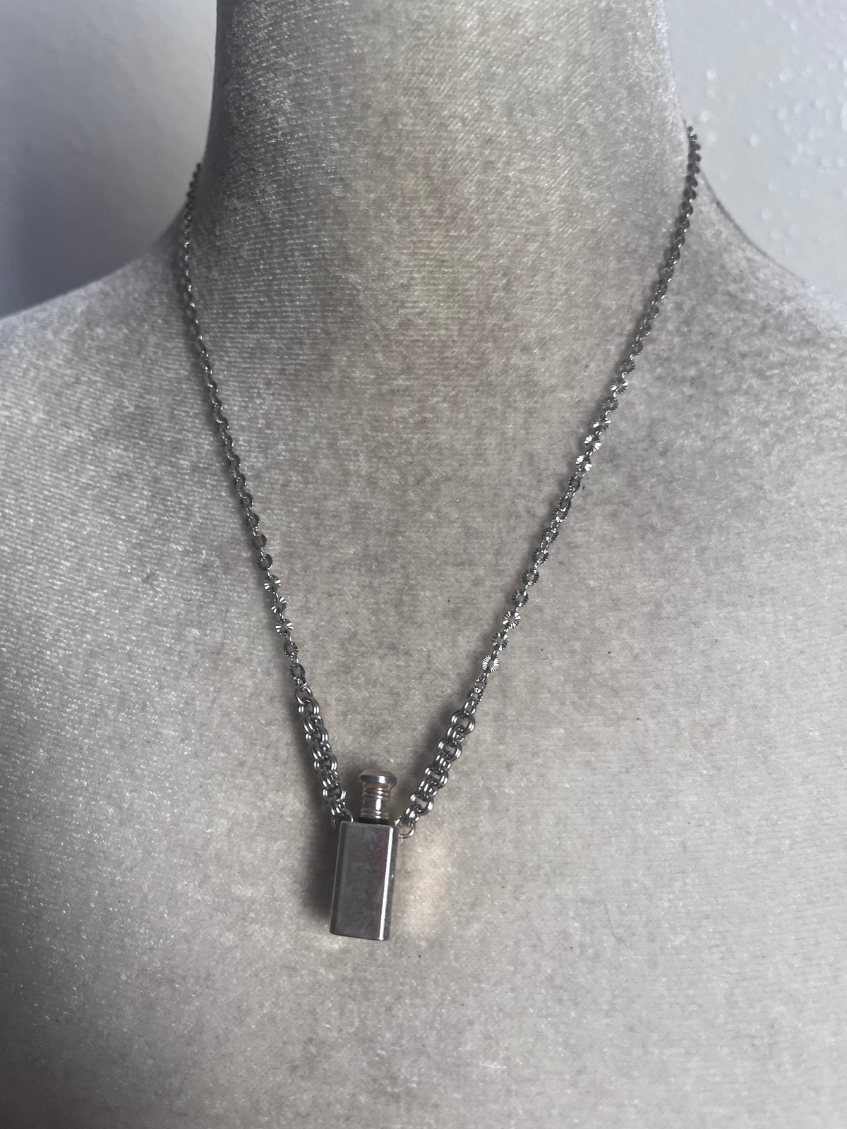 Silver perfume bottle necklace