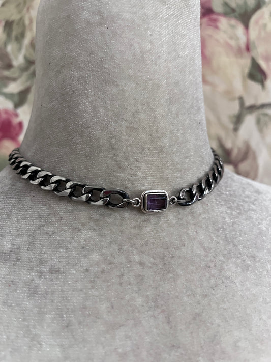 Amethyst choker on a gunmetal chain