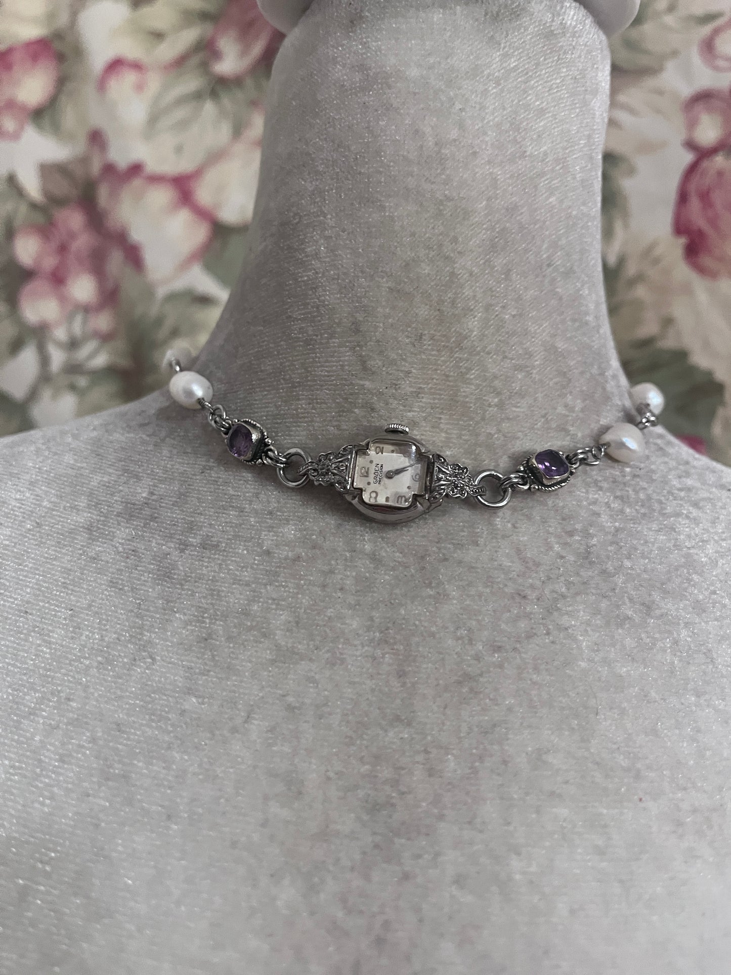 Vintage watch face choker, amethyst/fresh water pearls