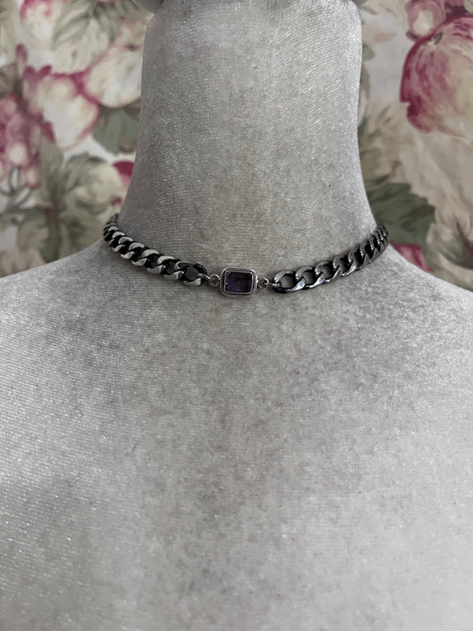 Amethyst choker on a gunmetal chain