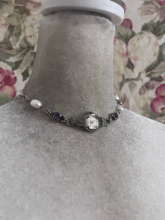 Vintage watch face choker, amethyst/fresh water pearls