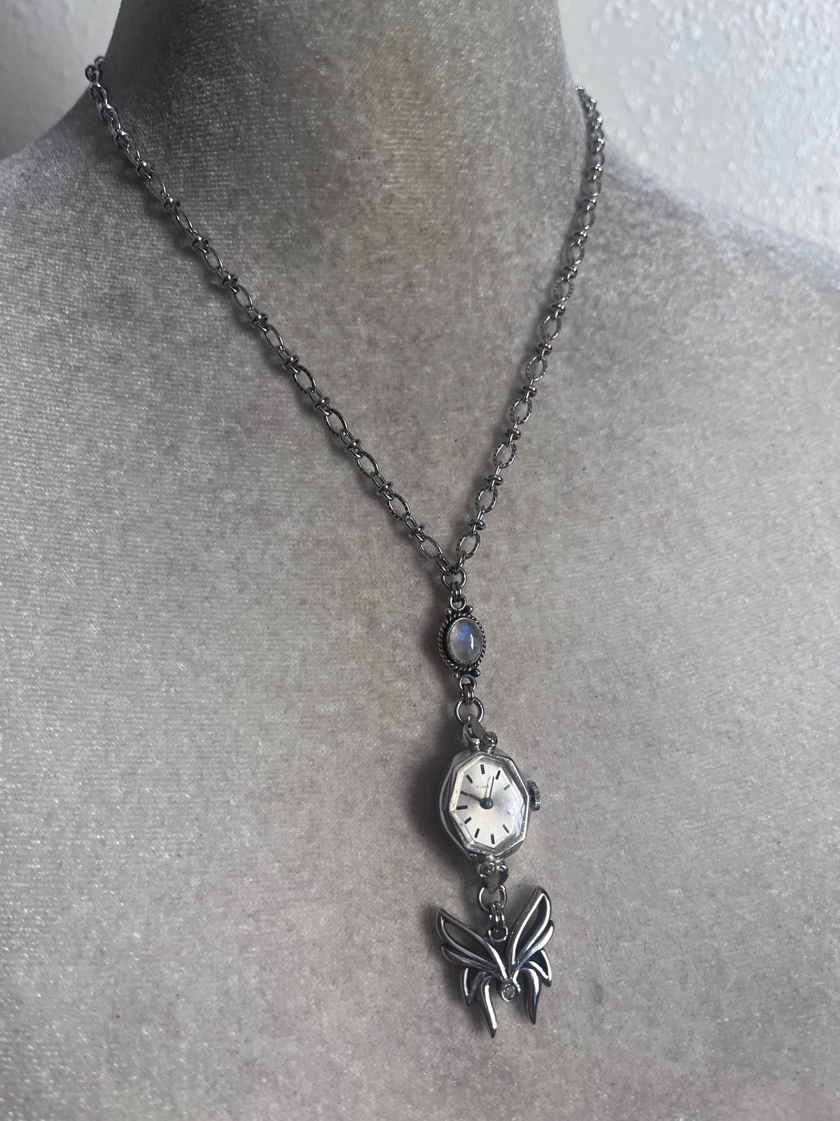 Moon stone butterfly watch necklace