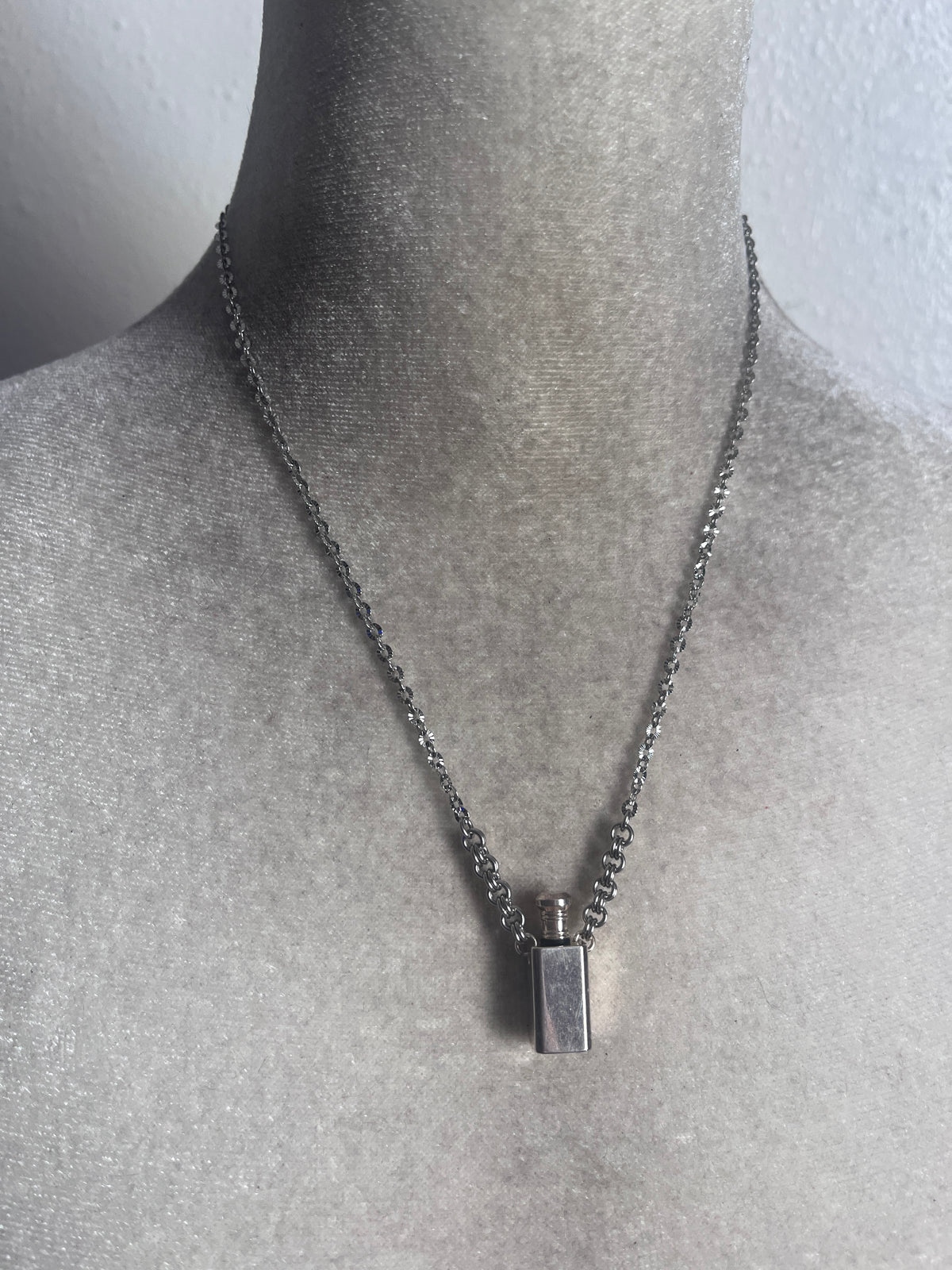 Silver perfume bottle necklace