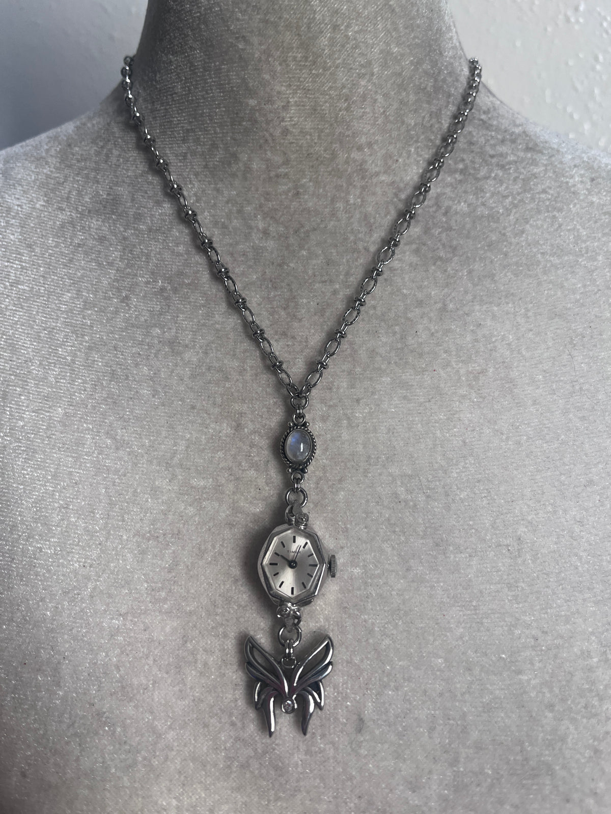 Moon stone butterfly watch necklace